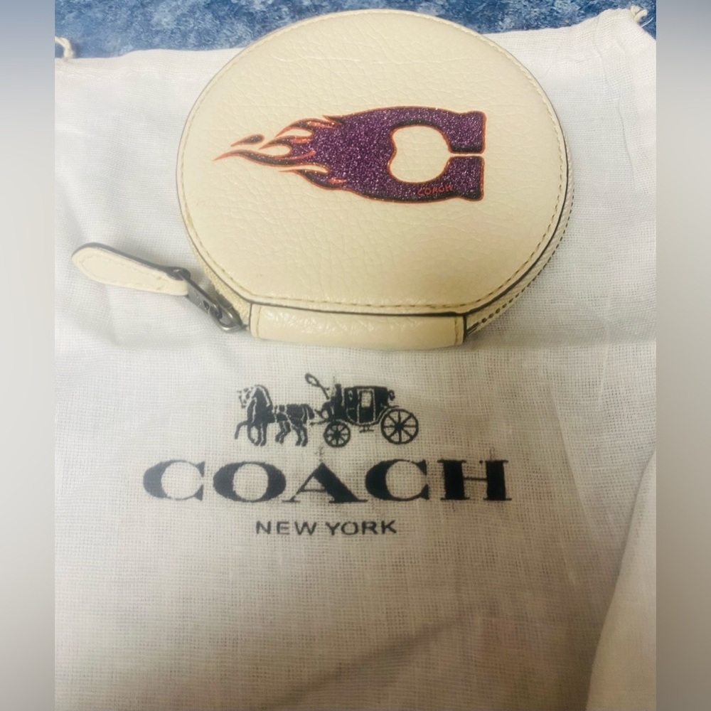 Coach Cream Coin Pouch with “C”Purple Logo W Dusty